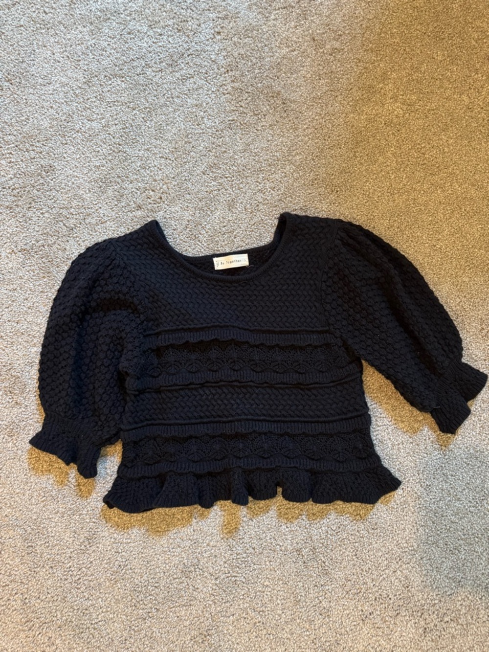 By Together Black Textured Puff Sleeve Knit Top
